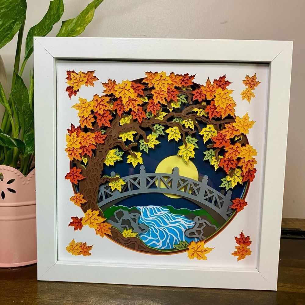 3D Autumn Fall Tree Bridge Shadowbox - Picture 4 of 8